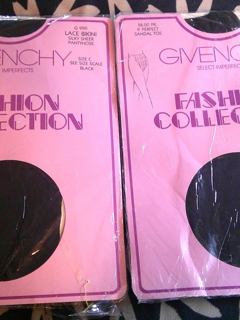 2 NEW Vtg "Givenchy" Lace Bikini Silky Sheer Pantyhose in Black Sandal Toe Sz C